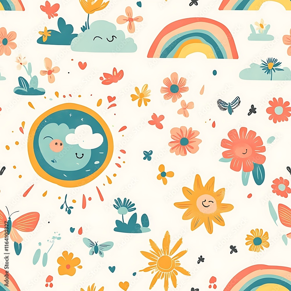 Naklejka premium Cute cartoon seamless pattern with Earth, sun, and rainbow, earth day pattern