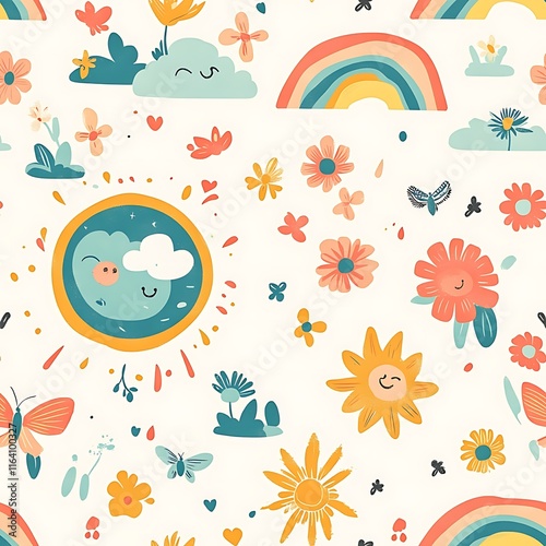 Cute cartoon seamless pattern with Earth, sun, and rainbow, earth day pattern