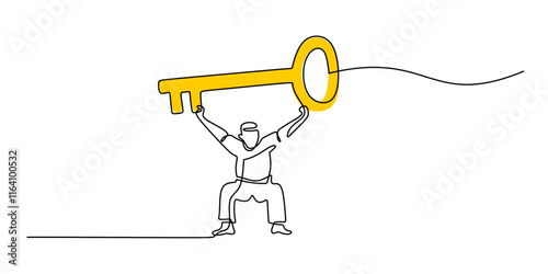One line drawing of a person holding a big key, representing power, opportunity, and unlocking potential.