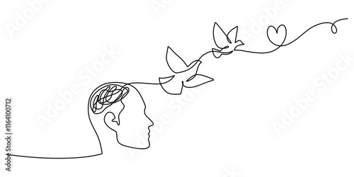 One line drawing of a head with a brain, birds, and a love symbol, representing intellectual freedom and emotions.