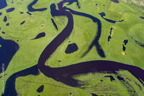 river top view shooting from a drone . river on a green background. amur river bird's-eye view