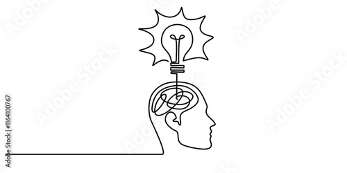 Continuous one line drawing of a head with a brain and light bulb, symbolizing ideas, innovation, and realization.