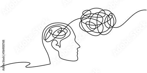 One line drawing of a head with a brain and knotty thread, symbolizing complexity and problem solving.