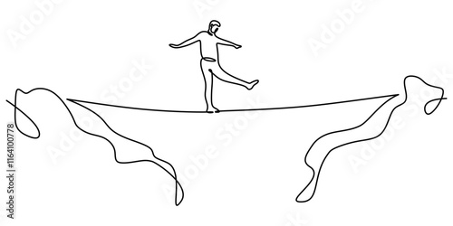 Continuous one line drawing of people walking on ropes, symbolizing balance, teamwork, and uncertainty.