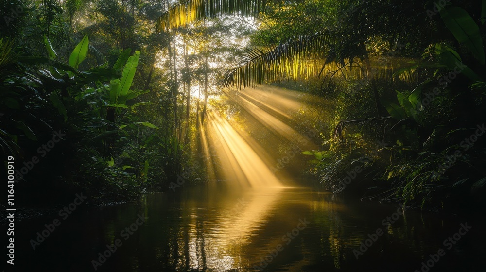 Fototapeta premium Sunlit Jungle River with Vibrant Colors and Soft Lighting