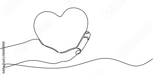 Continuous one line drawing of a hand offering a heart, depicting generosity and affection.