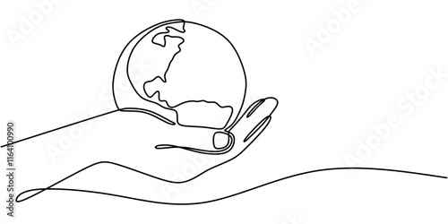 Continuous one line drawing of a hand cradling the Earth, symbolizing sustainability and global care.