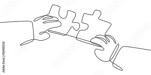 Continuous one line drawing of a hand holding a puzzle piece, symbolizing unity and solutions.