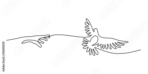 Continuous line drawing of a hand releasing a bird, representing liberation and hope.