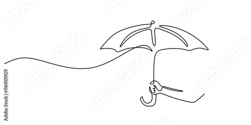 Hand holding an umbrella with falling rain in continuous line drawing, representing resilience.