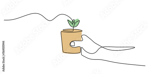 Continuous line drawing of a hand supporting a growing plant, representing growth and guidance.