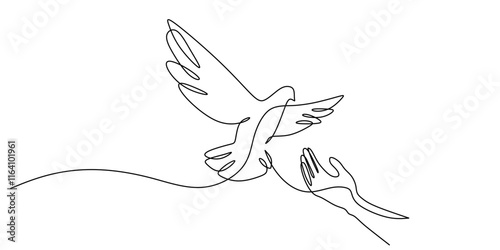 Hand offering a dove in continuous line drawing, symbolizing love and goodwill.