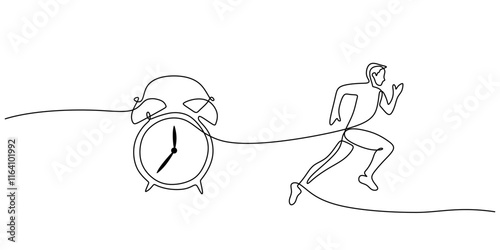 Clock and man running in continuous line drawing, symbolizing urgency and time management.