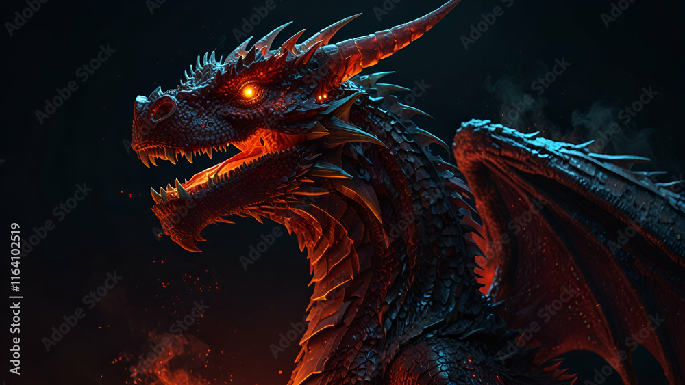 A Fierce Dragon with a Red Glowing Eye, Set Against a Dark, Mysterious Black Background A Fierce Dragon with a Red Glowing Eye, Set Against a Dark, Mysterious Black Background