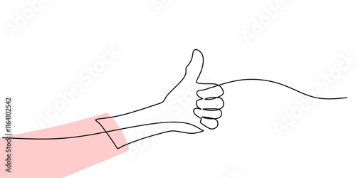Arm showing thumb up in continuous line drawing, representing approval and success.