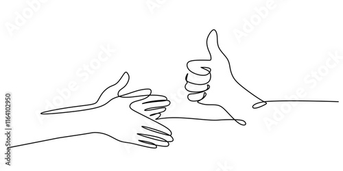 Clapping Hand and Thumb Up in Continuous Line Drawing. Celebration and Approval