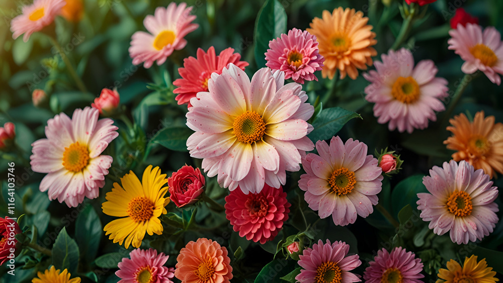 Fototapeta premium A Beautiful Field of Flowers with the Sun Glowing Behind, Creating a Warm, Radiant Atmosphere