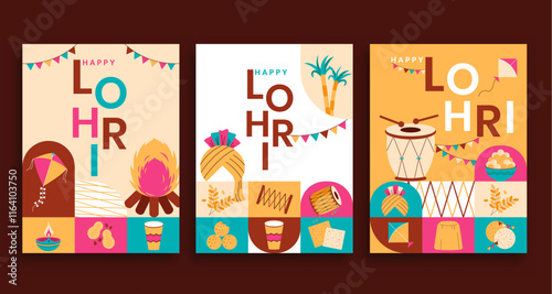 Creative Happy Lohri Punjabi Indian festival celebration minimalistic flat vector illustration set and icons.