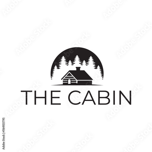 Wooden cabin and pine forest logo design isolated white background