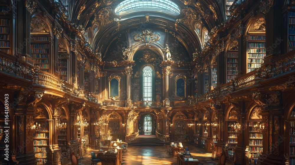 Fototapeta premium A 3D depiction of an old library featuring antique books placed in an orderly fashion on wooden shelves, evoking a nostalgic and academic ambiance, presented as a digital illustration