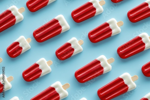 Colorful Red and White Popsicles Arranged in a Pattern on Light Blue Background photo