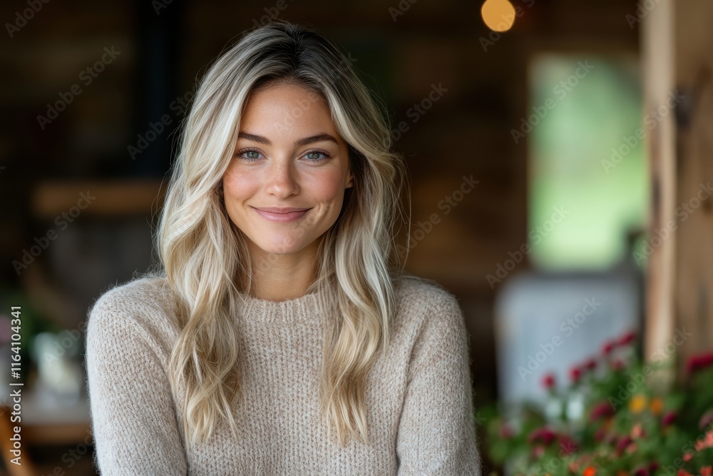 Indoor portrait of a smiling woman showcasing warmth and approachability, immersed in a cozy atmosphere with rustic wooden elements around her. Indoor portrait of a smiling woman showcasing warmth and approachability, immersed in a cozy atmosphere with rustic wooden elements around her.