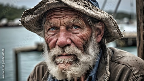 Portrait of a Seasoned Fisherman with Weathered Features and Piercing Blue Eyes photo