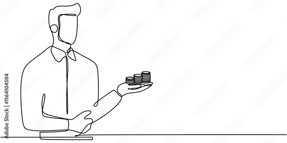 Fototapeta premium Investor Analyzing Data on Laptop. Reflecting Financial Decision Making. One Line Drawing