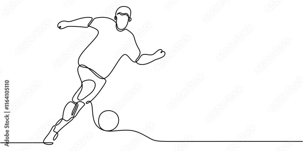 Fototapeta premium Person Kicking Soccer Ball. Representing Teamwork and Skill. One Line Drawing for Sports