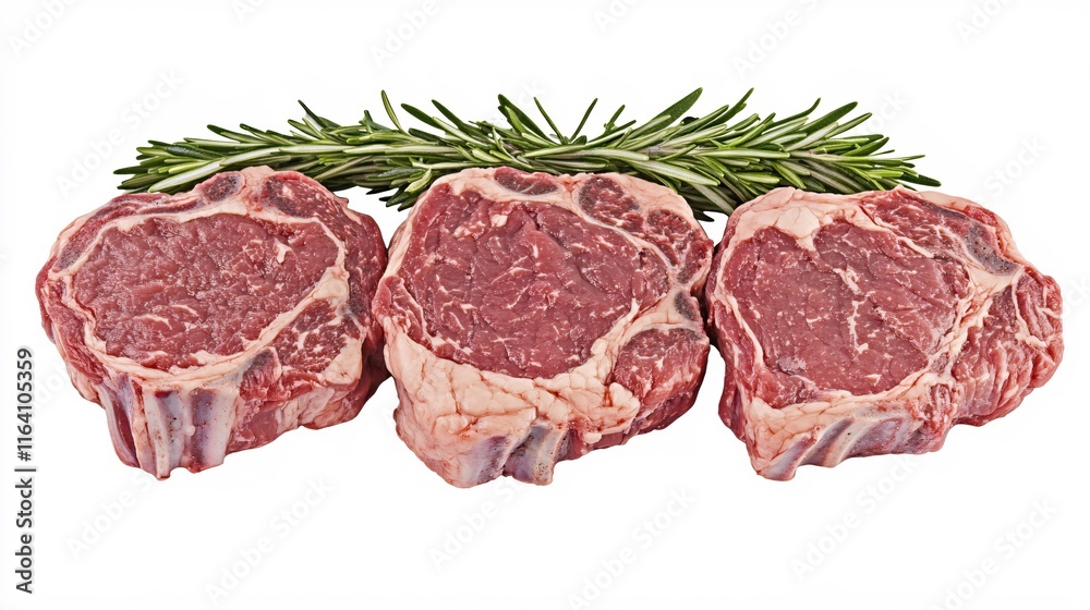 Raw Beef Cuts with Fresh Rosemary Herb Isolated on White Background Raw Beef Cuts with Fresh Rosemary Herb Isolated on White Background