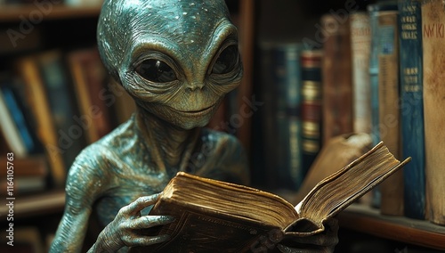 A vast, well-lit library with shelves crammed with books provides the backdrop as a futuristic, blue-skinned alien reads an ornate volume, underscoring the scholarly setting and the alien's thirst photo