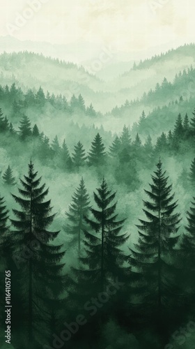 A serene forest landscape with layered mountains and misty atmosphere.