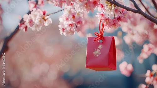 Korean New Year or Seollal. Sebaetdon lucky bag on Cherry blossom tree. Copy space.  photo