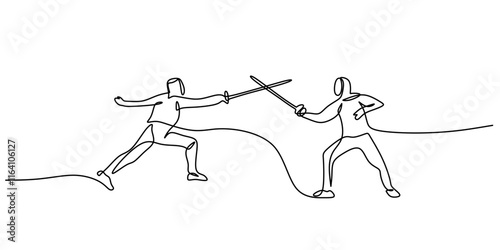 Continuous Line Drawing of a Fencer Engaging in Duel. Illustrating Discipline and Agility in Sports