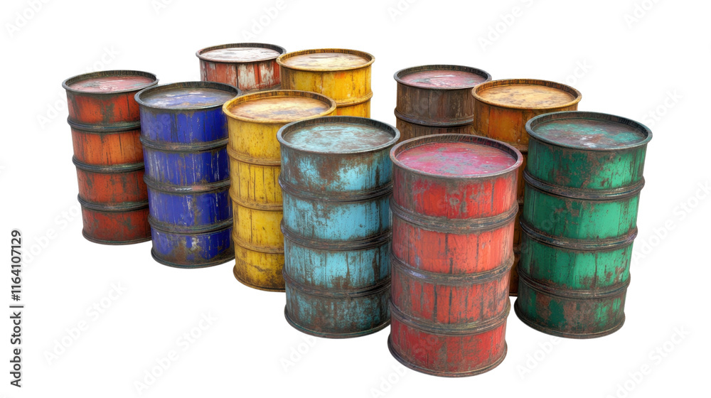 Stack of old wooden and metal barrels for industrial and storage use Stack of old wooden and metal barrels for industrial and storage use