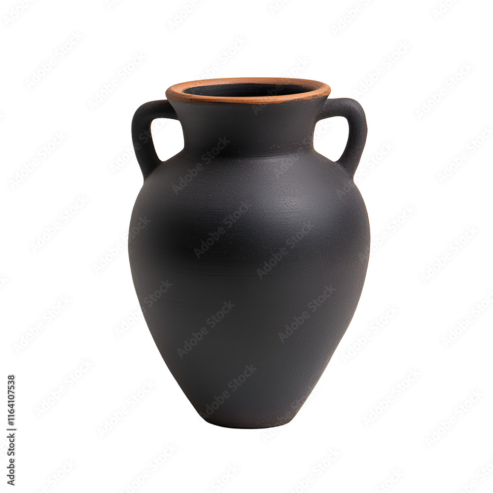 Elegant black ceramic vase with handles, isolated on white background. transparent background. Elegant black ceramic vase with handles, isolated on white background. transparent background.