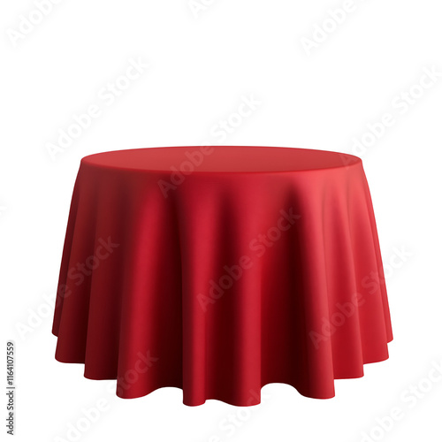 Red tablecloth draped elegantly over a round table, white isolate background. transparent background. photo