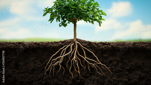 Green tree in soil with visible and developed root system