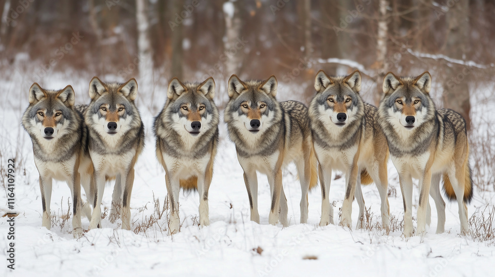 Fototapeta premium Herd of wolves at snow