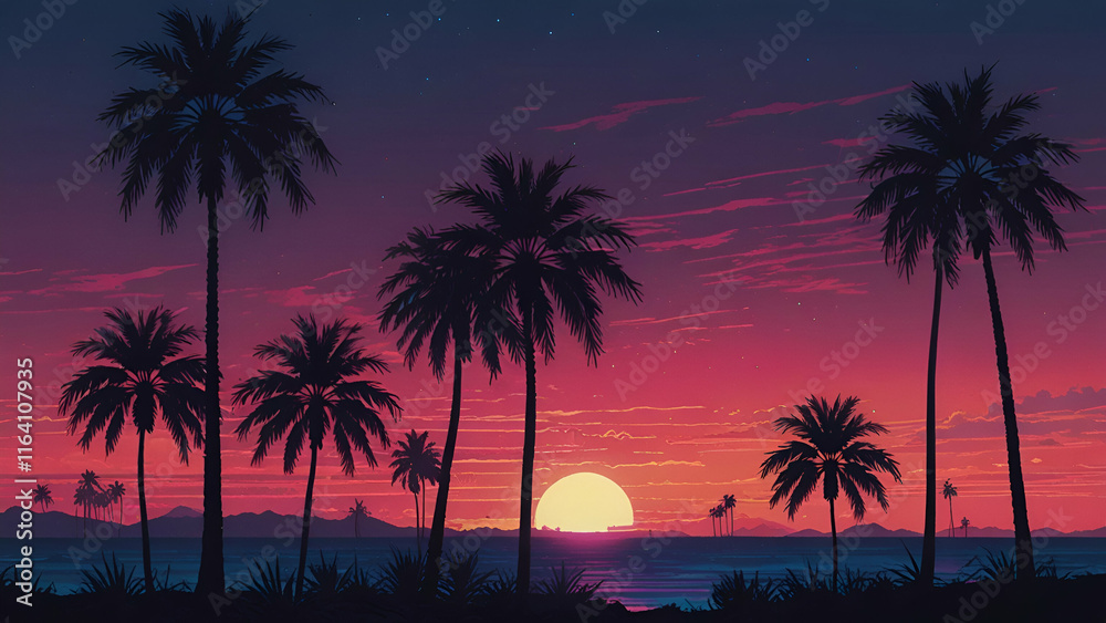 Obraz premium Vibrant Sunset with Palm Trees and Majestic Mountains in the Background, Creating a Tranquil Tropical Scene