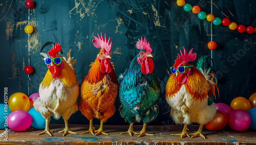 Fototapeta Naklejka Na Ścianę i Meble -  Chickens with vibrant, multicolored feathers pose for the camera at an animal birthday party