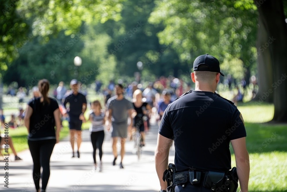 This image captures a police officer monitoring a bustling park, emphasizing the balance between community activity and the presence of law enforcement for safety assurance. This image captures a police officer monitoring a bustling park, emphasizing the balance between community activity and the presence of law enforcement for safety assurance.