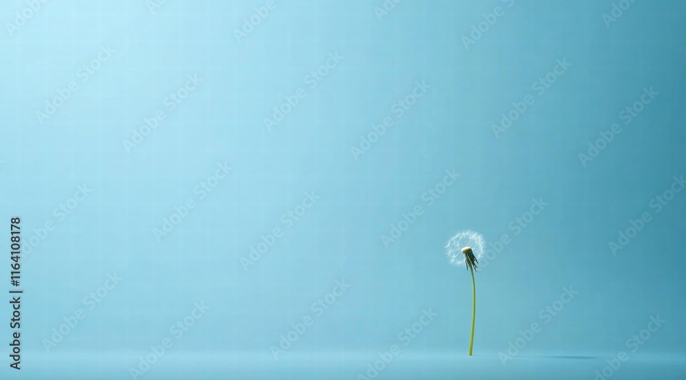 Minimalist plain cyan background for product photography with a single dandelion seed Minimalist plain cyan background for product photography with a single dandelion seed