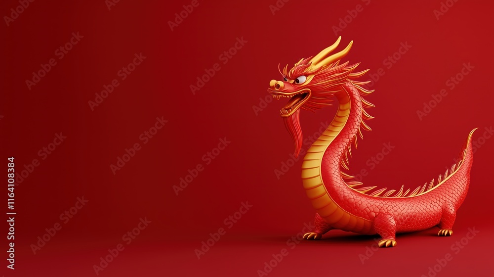 Obraz premium Chinese Red Dragon Emerging from Aladdin's Lamp with Rich Red Background, Symbolizing Luck and Power