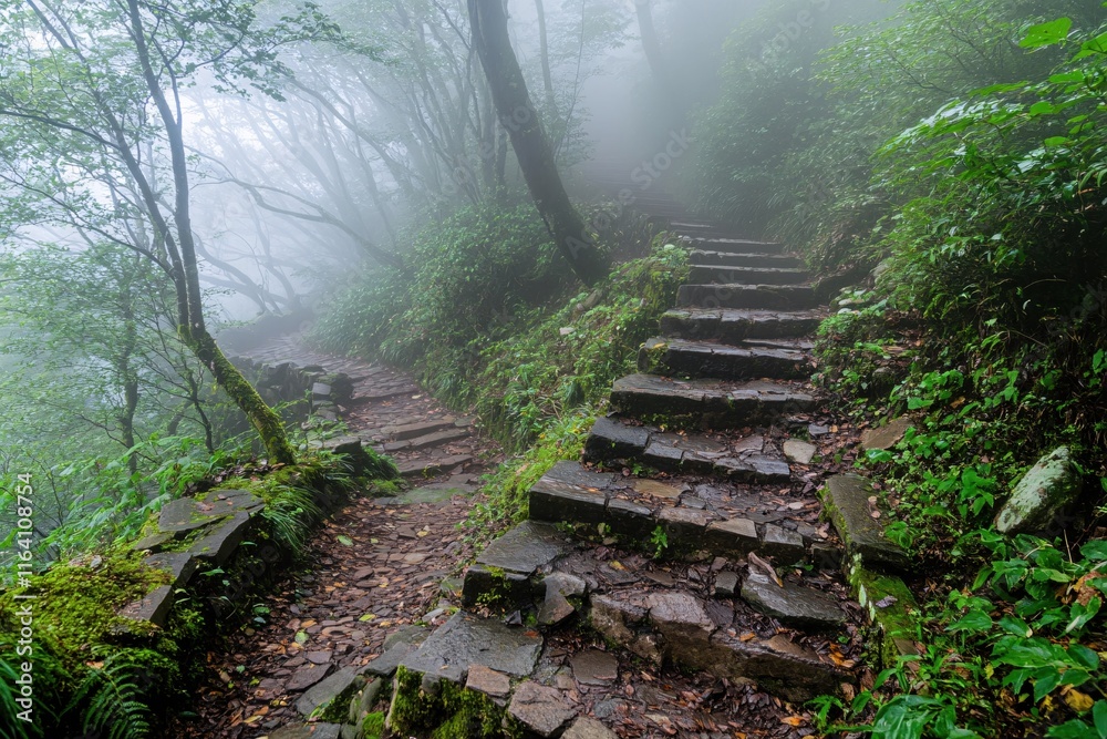Obraz premium Serene Misty Forest Pathway with Stone Steps and Lush Greenery