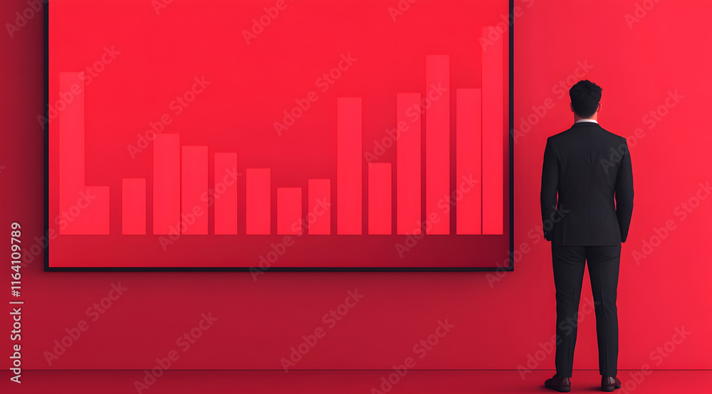 A businessman observes a red-themed bar chart on a screen, reflecting data analysis and performance metrics. A businessman observes a red-themed bar chart on a screen, reflecting data analysis and performance metrics.