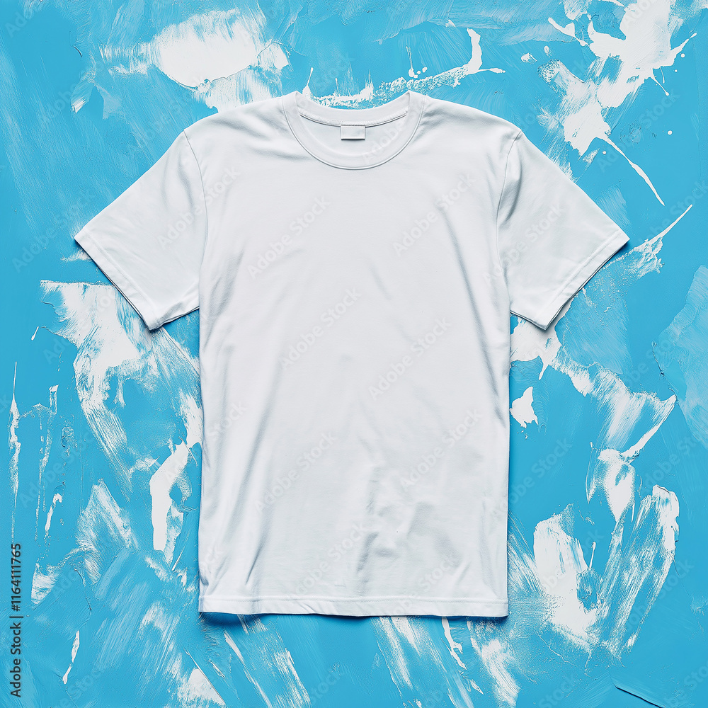 White t-shirt mockup on a pastel blue background with paint splash, High-resolution product photo for a design template. White t-shirt mockup on a pastel blue background with paint splash, High-resolution product photo for a design template.