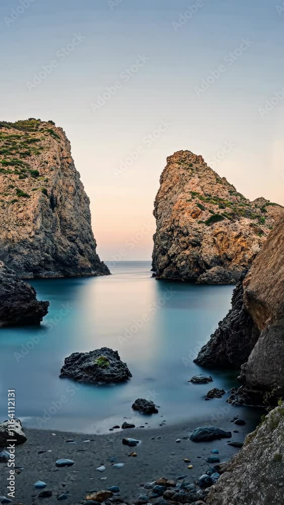 Stunning coastal view at dusk with rocky cliffs and calm waters Stunning coastal view at dusk with rocky cliffs and calm waters