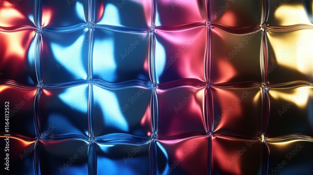 A colorful, reflective surface with a quilted pattern, showcasing vibrant light reflections. A colorful, reflective surface with a quilted pattern, showcasing vibrant light reflections.