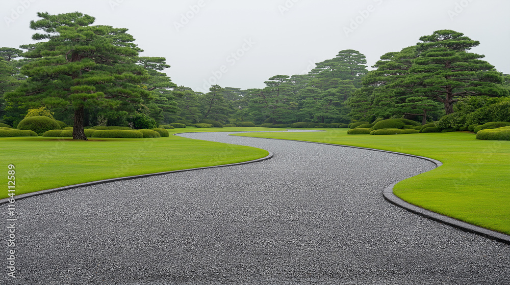 Serene Garden Path: A winding pathway through lush green gardens after a gentle rain, evoking tranquility and a sense of peace. The path is bordered by vibrant greenery and trees. Serene Garden Path: A winding pathway through lush green gardens after a gentle rain, evoking tranquility and a sense of peace. The path is bordered by vibrant greenery and trees.